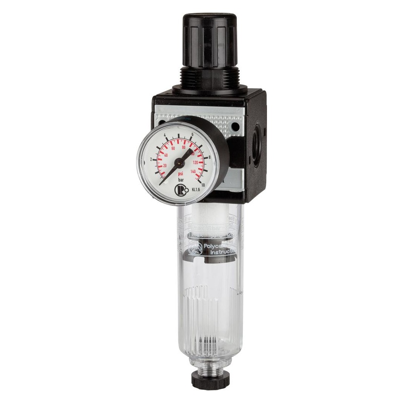 Regulator de presiune, multifix, recipient de PC, manometru, G3/8", 1500 l/min, DN10, RIEGLER