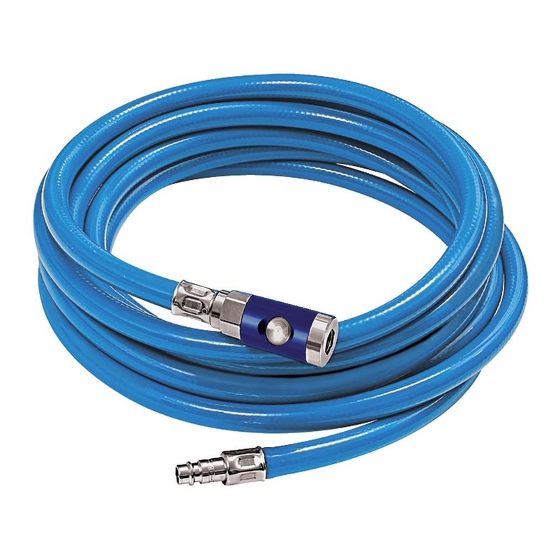Set furtun de atelier din PVC moale cu cuplaj de siguranta si buton, Ø 6.3 mm, 12 bar, 20 m, RIEGLER