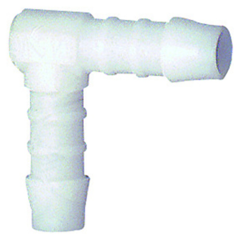 Conector unghiular fabricat din copolimer acetal (POM), pentru furtun Ø 13 mm, 36.5 x 38.5 mm, RIEGLER